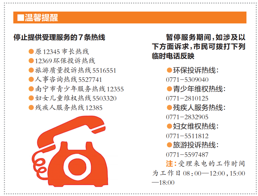 南宁12345政府服务热线8日启用 7条热线停止服务